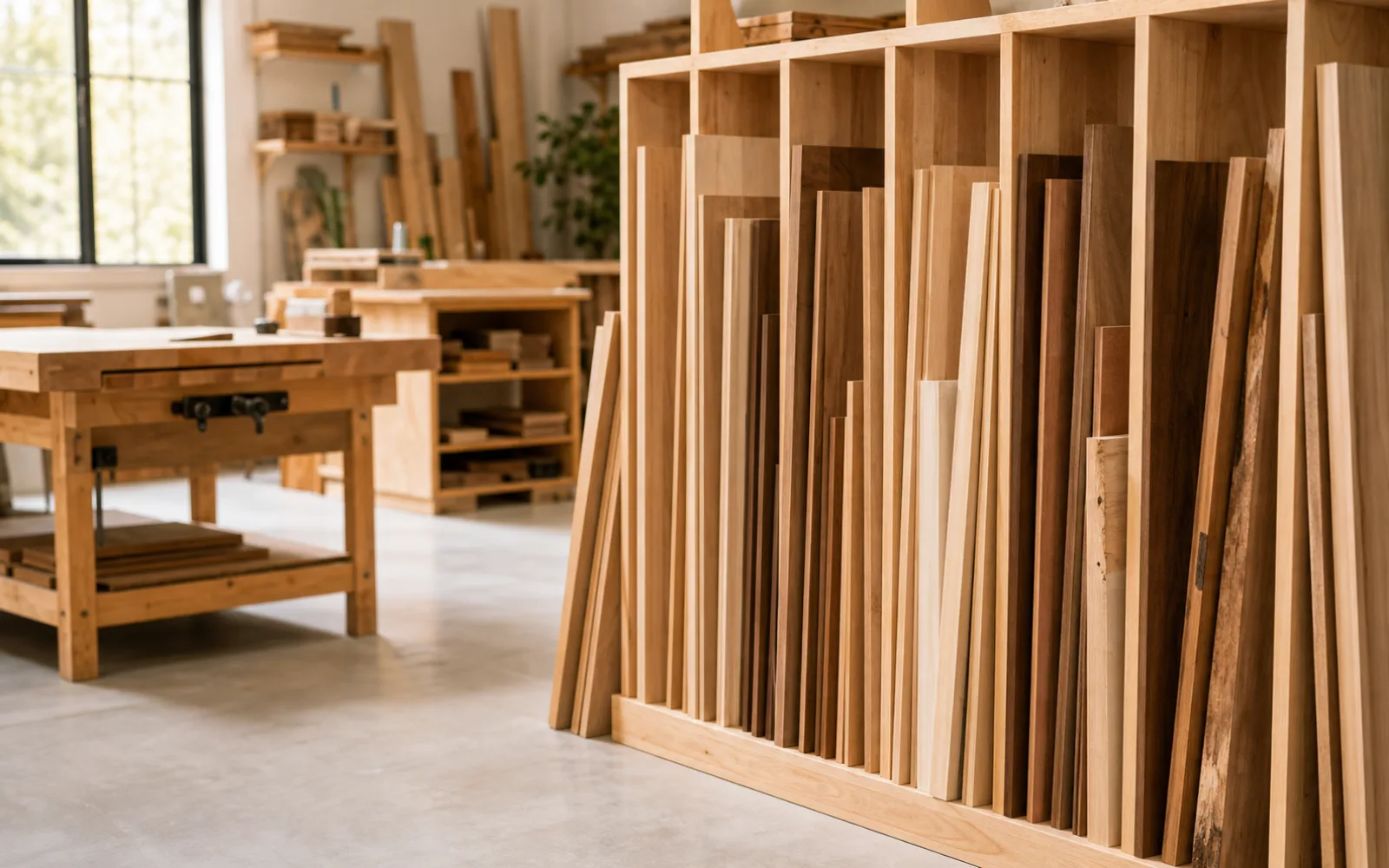 Furniture workshop timber rack with selected boards