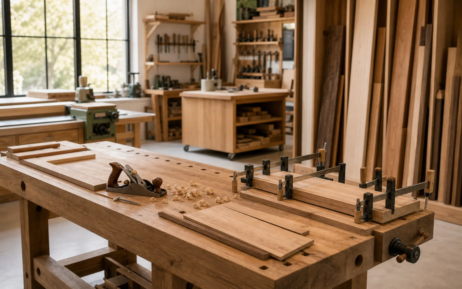 Large cutting table in a clean furniture workshop