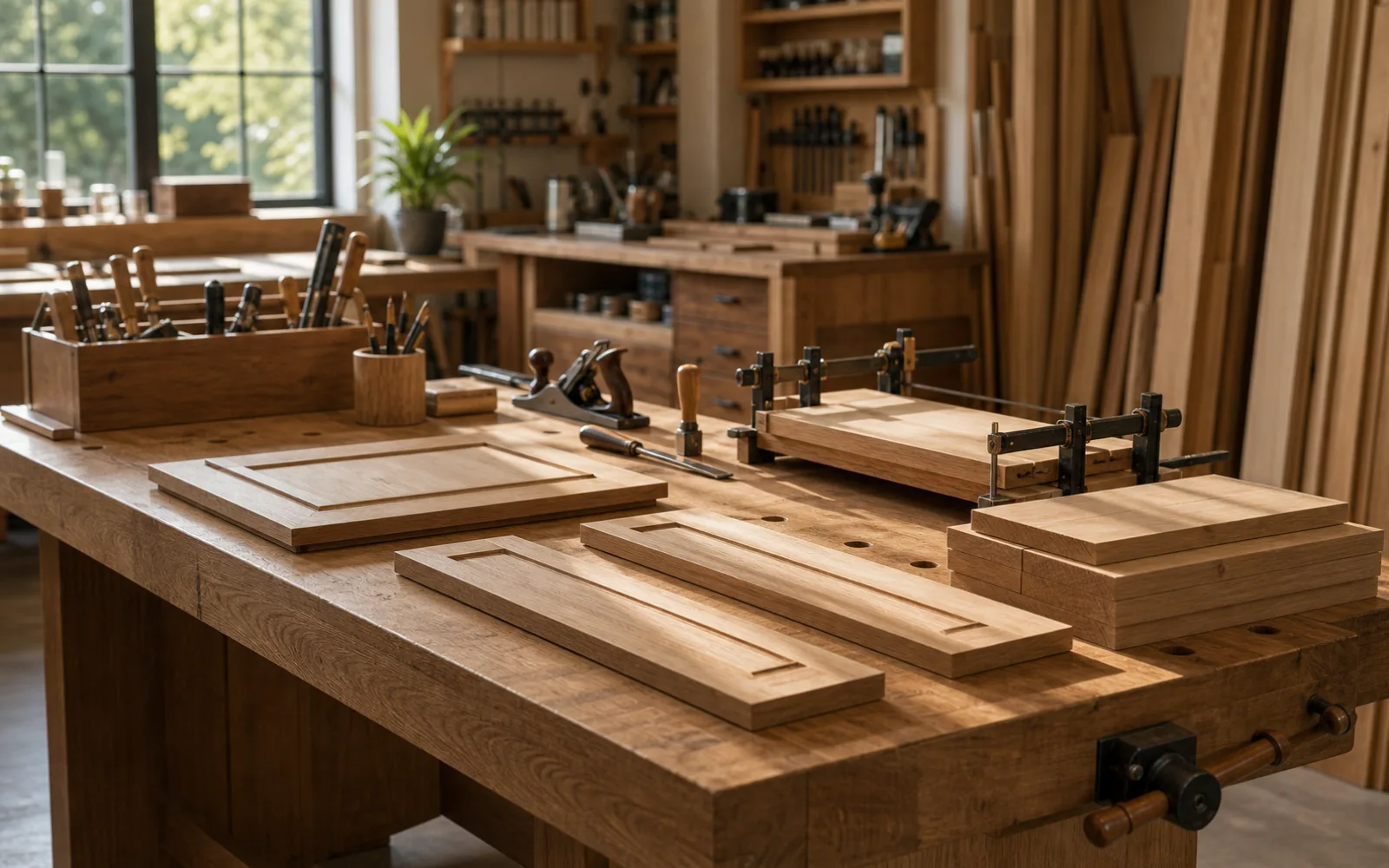 Precise wooden joinery details on a workbench