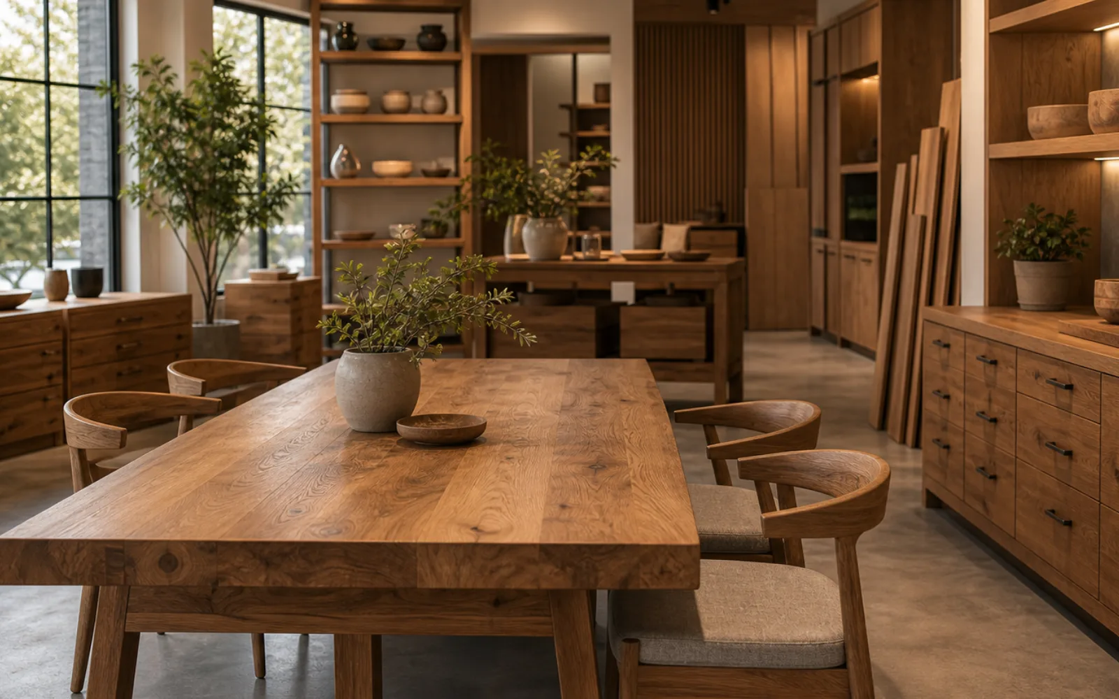 Finished wooden furniture in a calm showroom corner